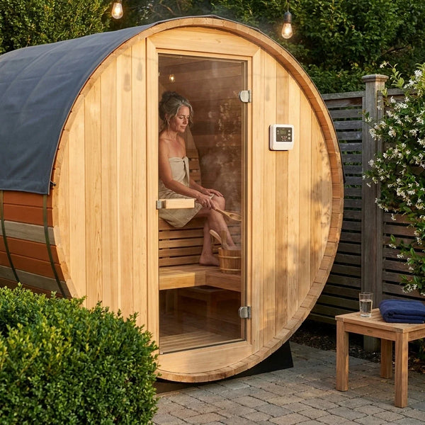 Outdoor Barrel Sauna Built for 4-6 People, 6KW Electric Heater, Solid Wood Construction, Steam Ready