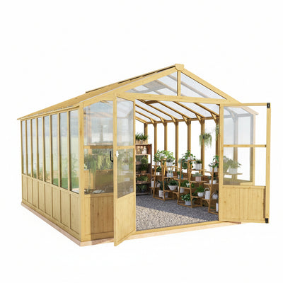 10x13.2 Ft Cedar Wood Greenhouse with Polycarbonate Panels