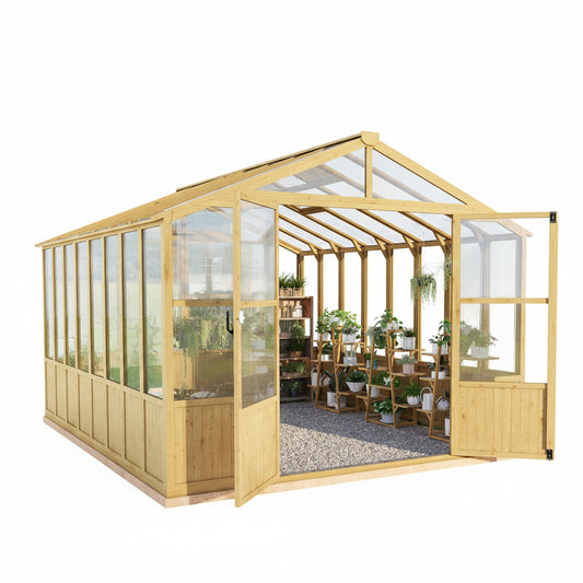 10x13.2 Ft Cedar Wood Greenhouse with Polycarbonate Panels