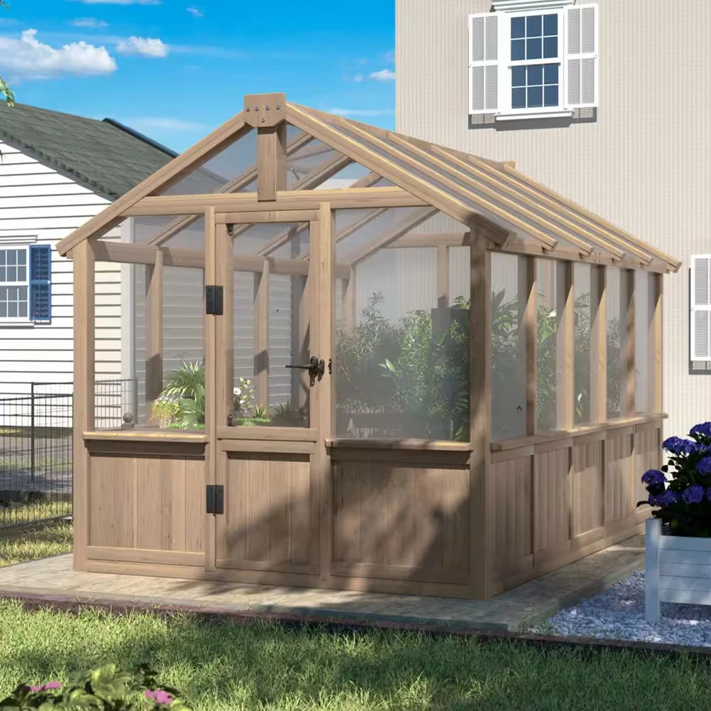 6 Ft. W X 10 Ft. D X 7 Ft. H Cedar Wood Brown Garden Plant Greenhouse for Outdoors with Multi-Layer Polycarbonate Panels — product view 2