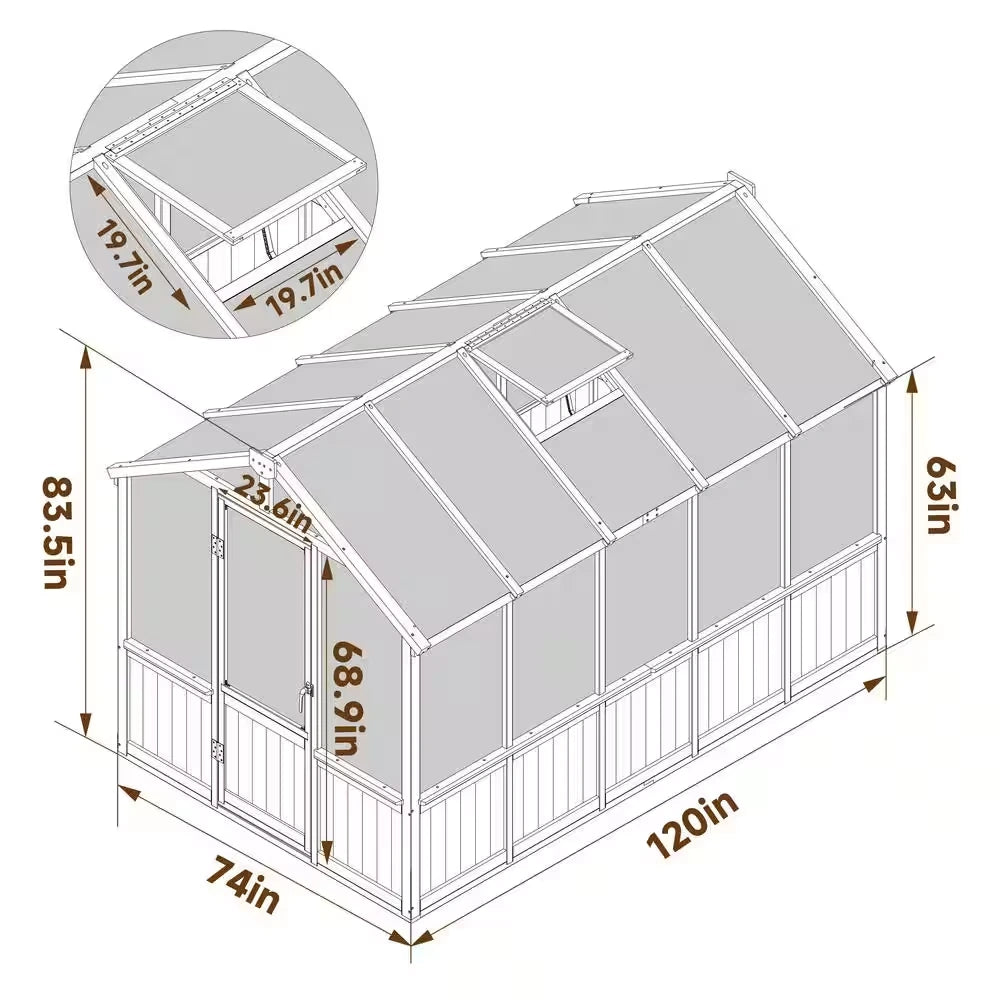6 Ft. W X 10 Ft. D X 7 Ft. H Cedar Wood Brown Garden Plant Greenhouse for Outdoors with Multi-Layer Polycarbonate Panels — product view 4