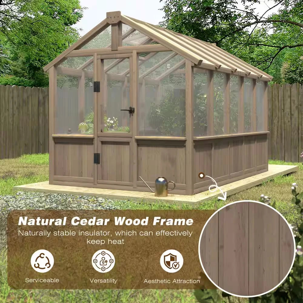 6 Ft. W X 10 Ft. D X 7 Ft. H Cedar Wood Brown Garden Plant Greenhouse for Outdoors with Multi-Layer Polycarbonate Panels — product view 7
