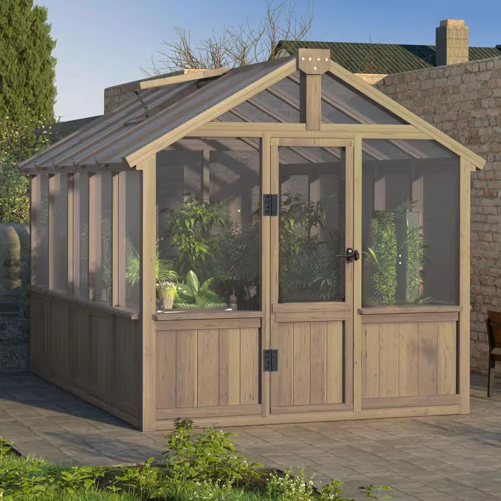 6 Ft. W X 10 Ft. D X 7 Ft. H Cedar Wood Brown Garden Plant Greenhouse for Outdoors with Multi-Layer Polycarbonate Panels — product view 8