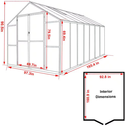 8 Ft. W X 14 Ft. D Polycarbonate Walk-In Greenhouse for Outdoors with 2-Adjustable Roof Vents, Gray — product view 6