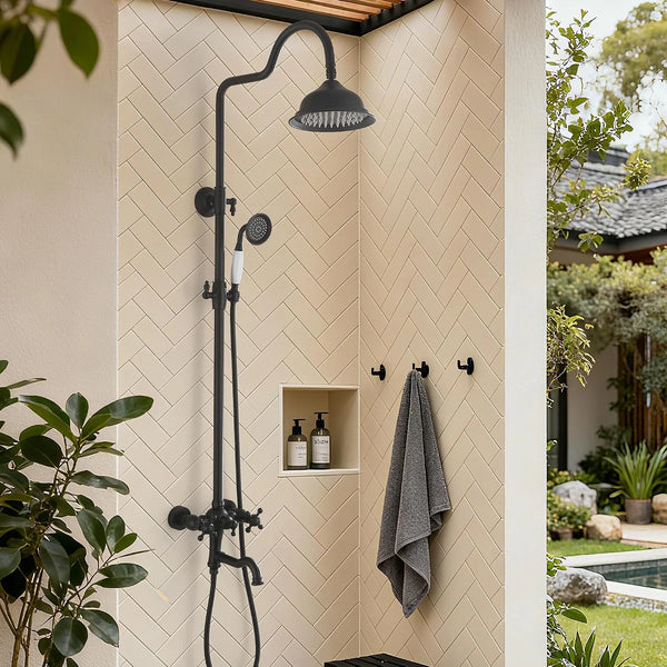 Exposed Shower System Matte Black,Antique Outdoor Shower Faucet with 8
