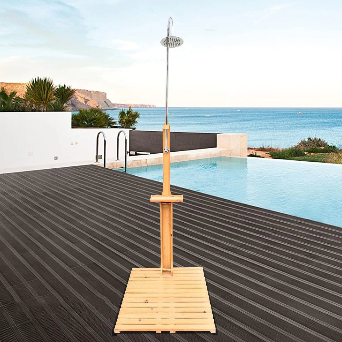 Outdoor Shower Kit Portable Wood Outdoor Garden Pool Shower with Chassis Board for Outdoor Backyard Poolside Beach Pool Spa,Wood — product view 9
